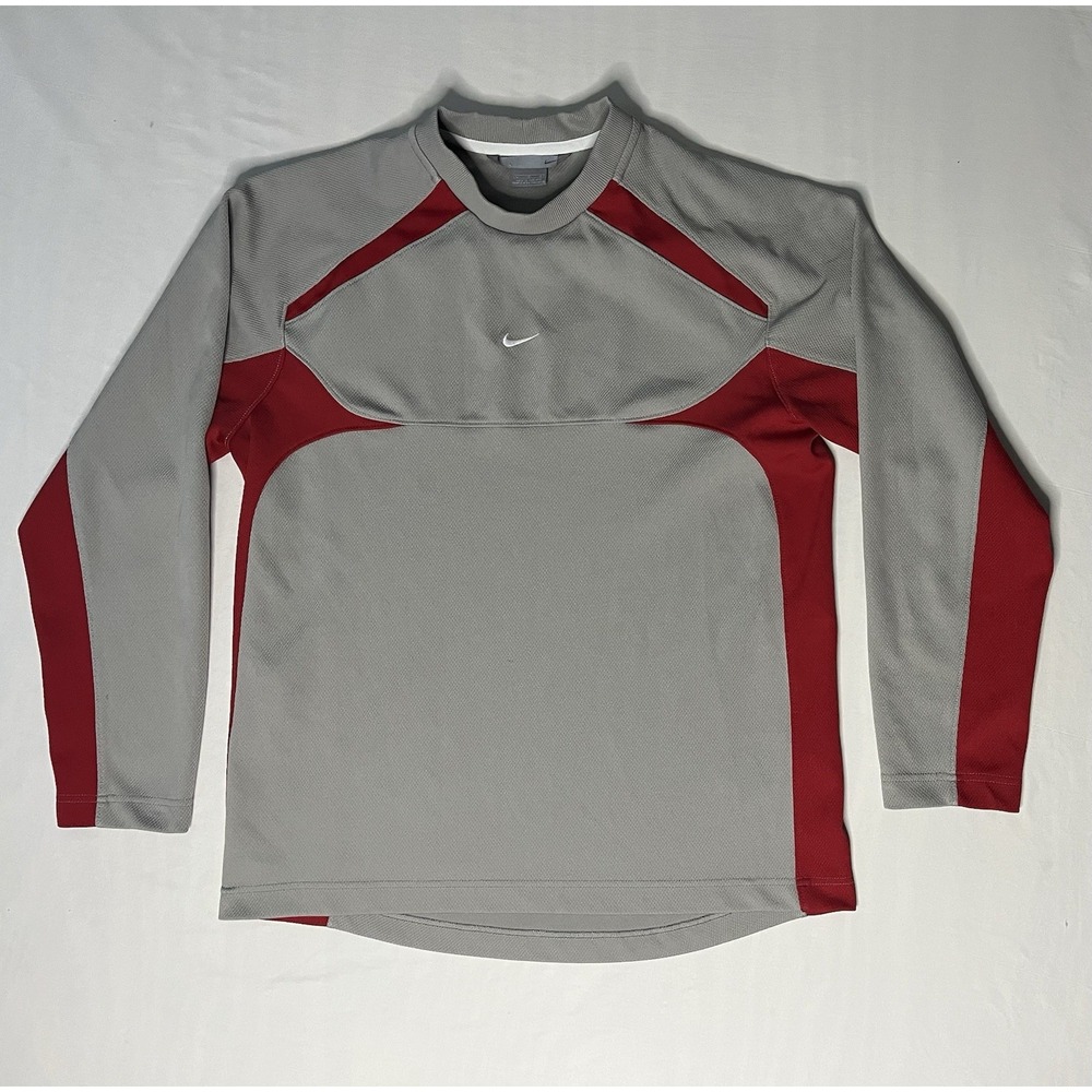 Nike Center Swoosh Shirt Men's Size Large Red & Gray Long Sleeve Pullover Crew